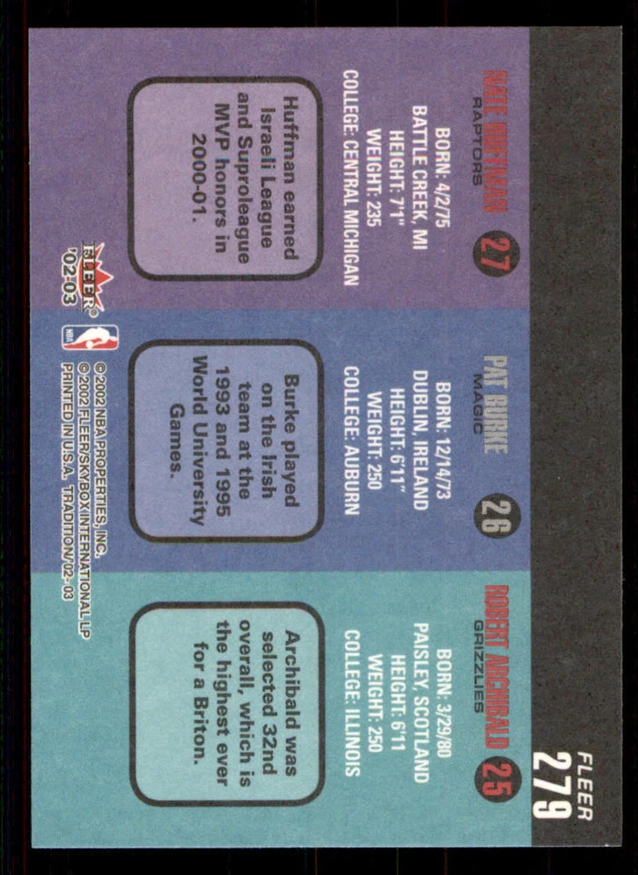 2002-03 Fleer Tradition #279 Robert Archibald RC/Pat Burke RC/Nate Huffman RC - Image 2 of 2