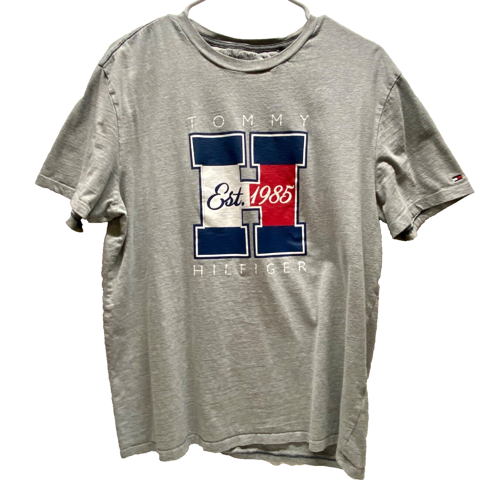 Tommy Hilfiger Men's Large Gray TH Logo Graphic Short Sleeve T-Shirt GUC