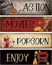 4 Pieces Movie Theater Wall Decor, Wooden Home Theater Rustic Wall Art 11x3 Inch