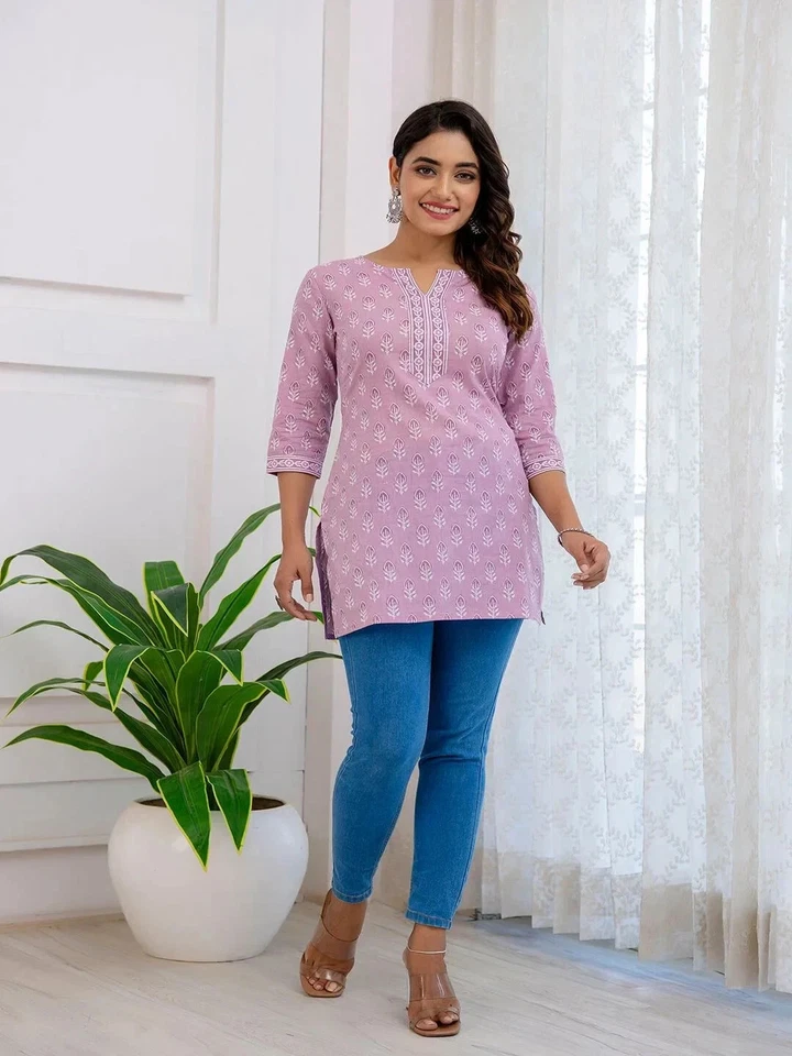 Vestido túnica Kurta Kurti estampado floral de algodón puro púrpura para mujer india Foto 4 de 4