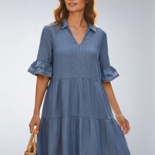 Chico's Dress 2.5 Women's Large 14 Blue Tiered Ruffle Chambray