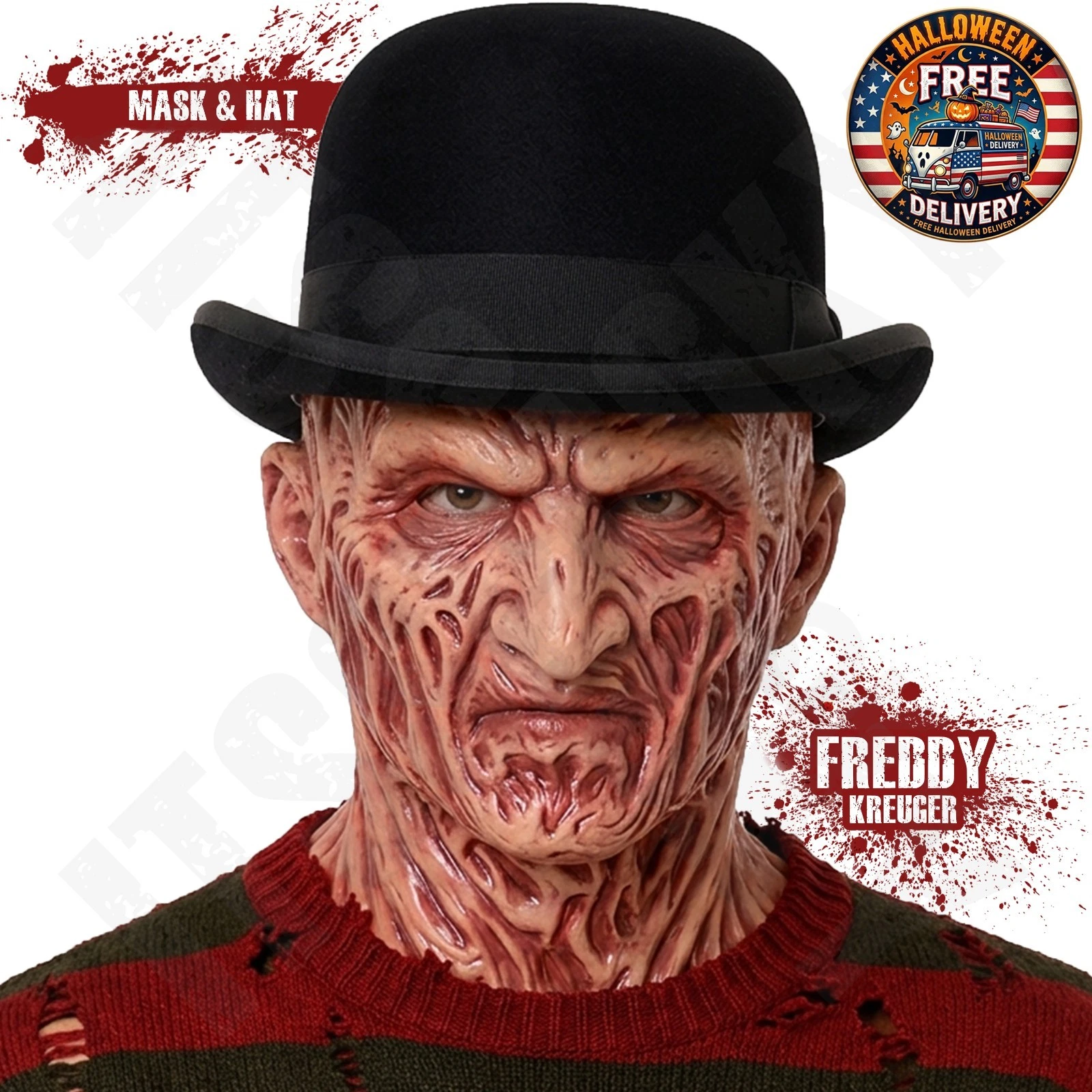 Burnt-face horror latex mask and black bowler hat costume accessory set