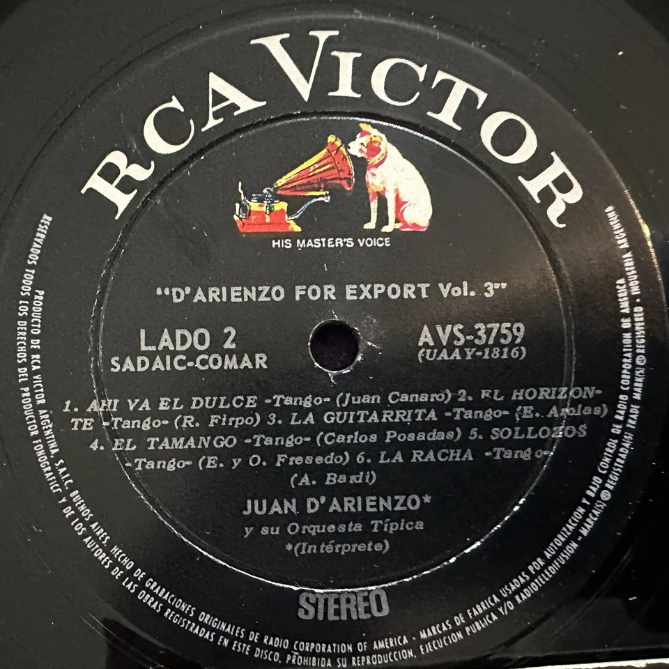1S ~ D´ARIENZO For Export Vol. 3 LP RCA Stereo Tango Argentina press EX - Image 2 of 4