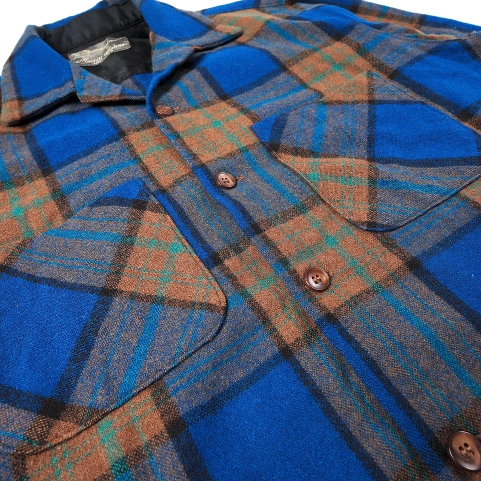 Vintage Merrill Woolens Shirt Mens Large Blue 60s Loop Collar Plaid Wool Jacket - Image 4 of 4
