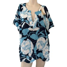 Elie Tahari Woman 1X Linen Floral V Neck Tunic Top Blue White Navy Boho Chic