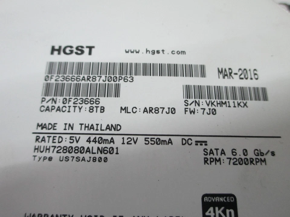 LOT-7 HGST 8TB HDD 7200RPM 6GB/S 0F23666 0F23666AR87J00P63 *READ* T5-C2 - Image 4 of 4