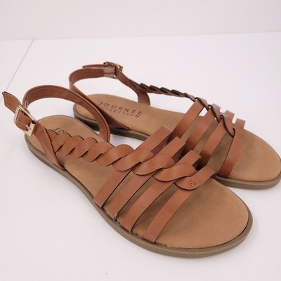 Journee Collection Solay Tan Flat Slingback Buckle Sandals Cushioned Womens 7