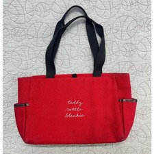 Kate Spade New York Diaper Bag Red Canvas Teddy Rattle Blankie Leather Trim