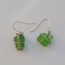 Green Sea Glass Dangle Drop Earrings Wire Wrapped French Wire Beach Asymmetrical