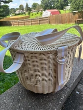 SUNNYLiFE Large Round Wicker Insulated Picnic Basket Beige Woven PE NEW
