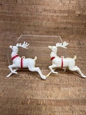 Vintage Celluloid Reindeer Ornaments set of 2 White With Red