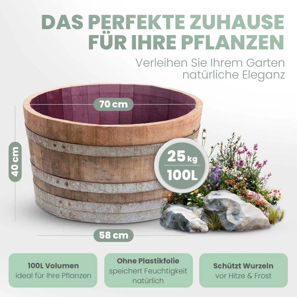 Weinfass Holzfass halbiert Miniteich Pflanzkübel Holz halbes Fass 12 - 100 Liter - Bild 3 von 4