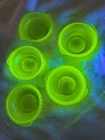 Five (5) Vtg Uranium UV Green Depression Glow Glass Ribbed Berry Bowls Handles