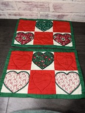 Quilted Place Mats Heart Patchwork Vintage Christmas Red Green Handmade