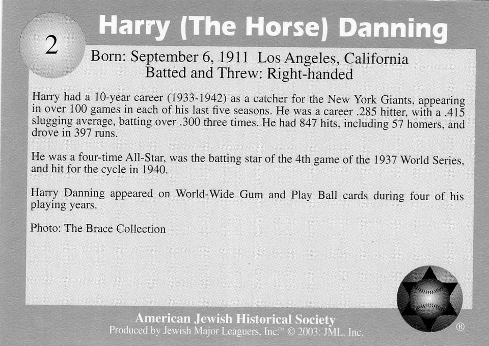 HARRY DANNING Jewish Major Leaguers 2003 Baseball Card #2 Nr-Mint SHIPS FREE! - Image 2 of 4