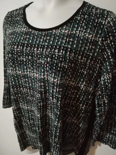 CJ Banks Womens 1X Top Teal Black Print 3/4 Sleeve Pullover Heavyweight Comfy 