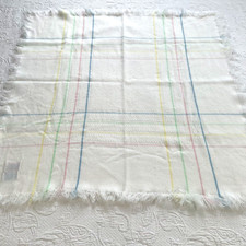 Vintage All Mine Baby Blanket Pastel Plaid Fringe Stripe Knit Lovey 34"x34"