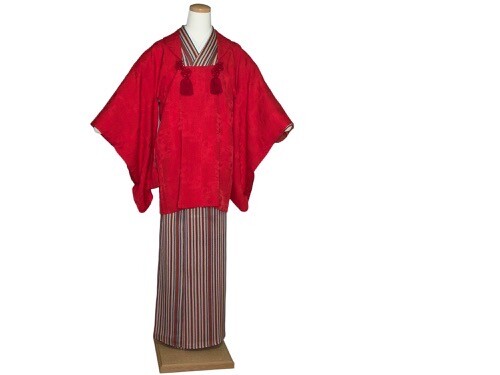 Vintage Scarlet Red Silk Michiyuki Coat Large Tassels for Kimono Kitsuke: May21A - Picture 8 of 8