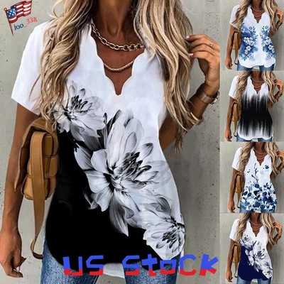 Womens Printed V-Neck Tunic Tops T-Shirts Ladies Summer Short Sleeve Tee Blouse