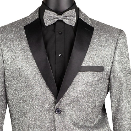 VINCI Men's Silver Metallic Sequins Slim-Fit Tux Jacket w/ Bow-Tie - NEW - 第 2/3 張圖片