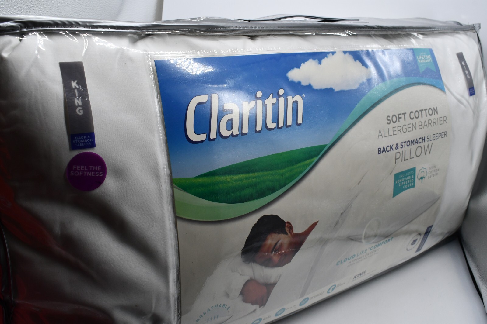 Claritin Breathable White Back & Stomach Sleeper KING Pillow