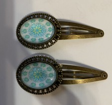  2 Aqua Blue Medallion Oval Cabochon Bronze Filigree Large Snap-in Hair Clips