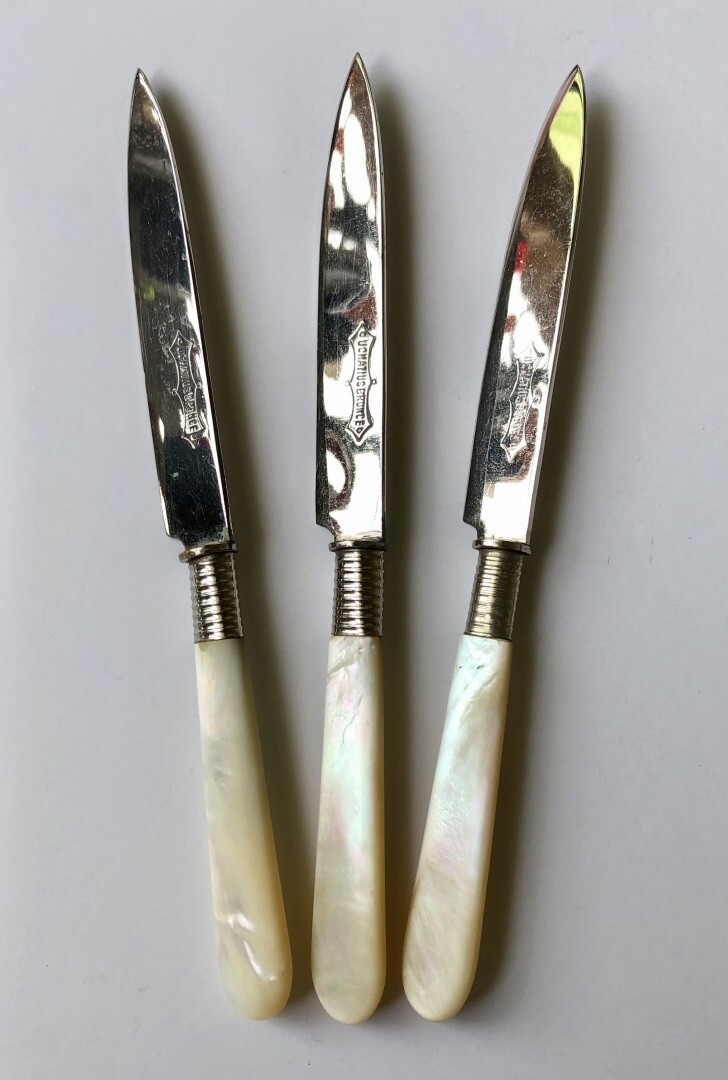 Antique Vintage Set Of 6 Uchatius Bronce Fruit Knives Mother