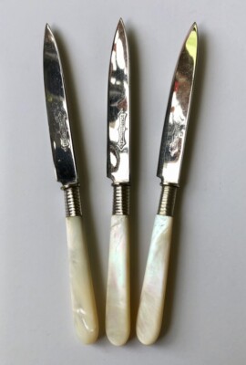 Antique Vintage Set Of 6 Uchatius Bronce Fruit Knives Mother Of