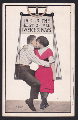 Romance-Romantic Couple-Kissing-Scale-Weighs-Antique Postcard