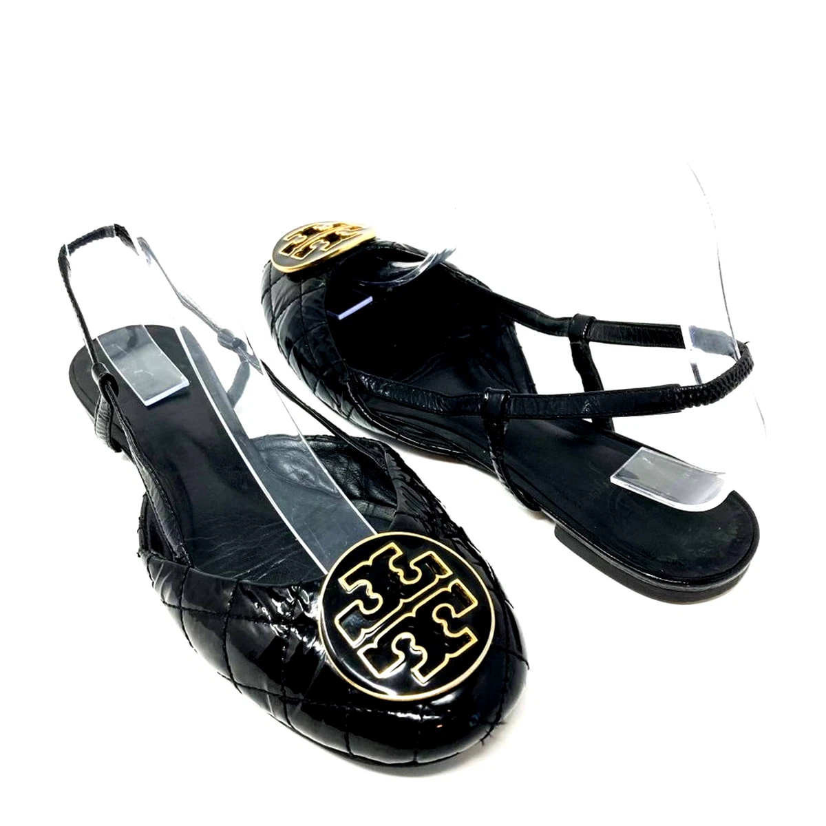 Tory Burch Charon Black Patent Leather Slingback Quilted Toe Flats Size 8