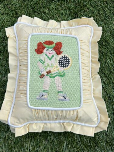 Needlepoint Cross Stitch Pillow Lady Tennis Player Ginger Irish Red Hair Yellow - Picture 1 of 10