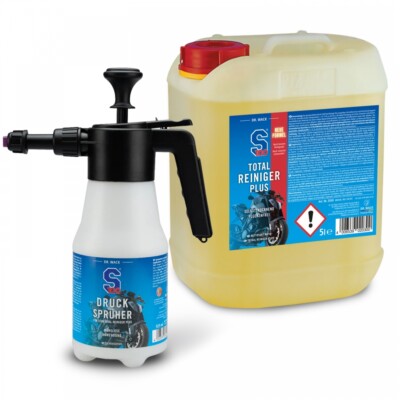 S100 Motorrad Total Reiniger 5 L 2030 + NEUEM S100 Druck-Pump-Zerstäuber, leer
