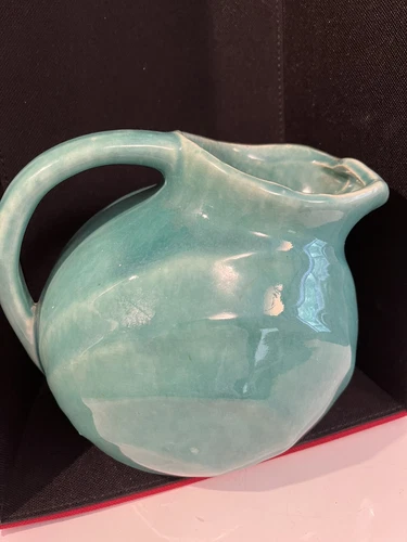 Vintage McCoy Teal blue green Art Deco Ball Glazed Pottery Pitcher with Ice Lip