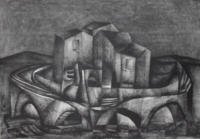 Rudolf Weissauer Signed Litho-Mid Century Modern Cubist Surreal Village, 1957