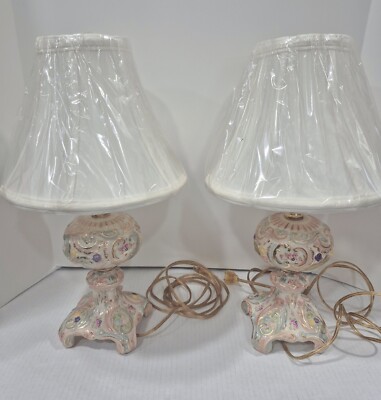 2 Vintage Floral Lamps Porcelain Little Girls Nursery/Room Key On Switch 16 Inch