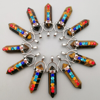 20pcs Natural Tiger Eye Stone Hexagonal Pointed 7 Color Reiki Chakra Pendant