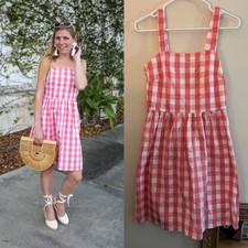 J. Crew Gingham Pink White Apron Dress XXS Cotton  Picnic Summer