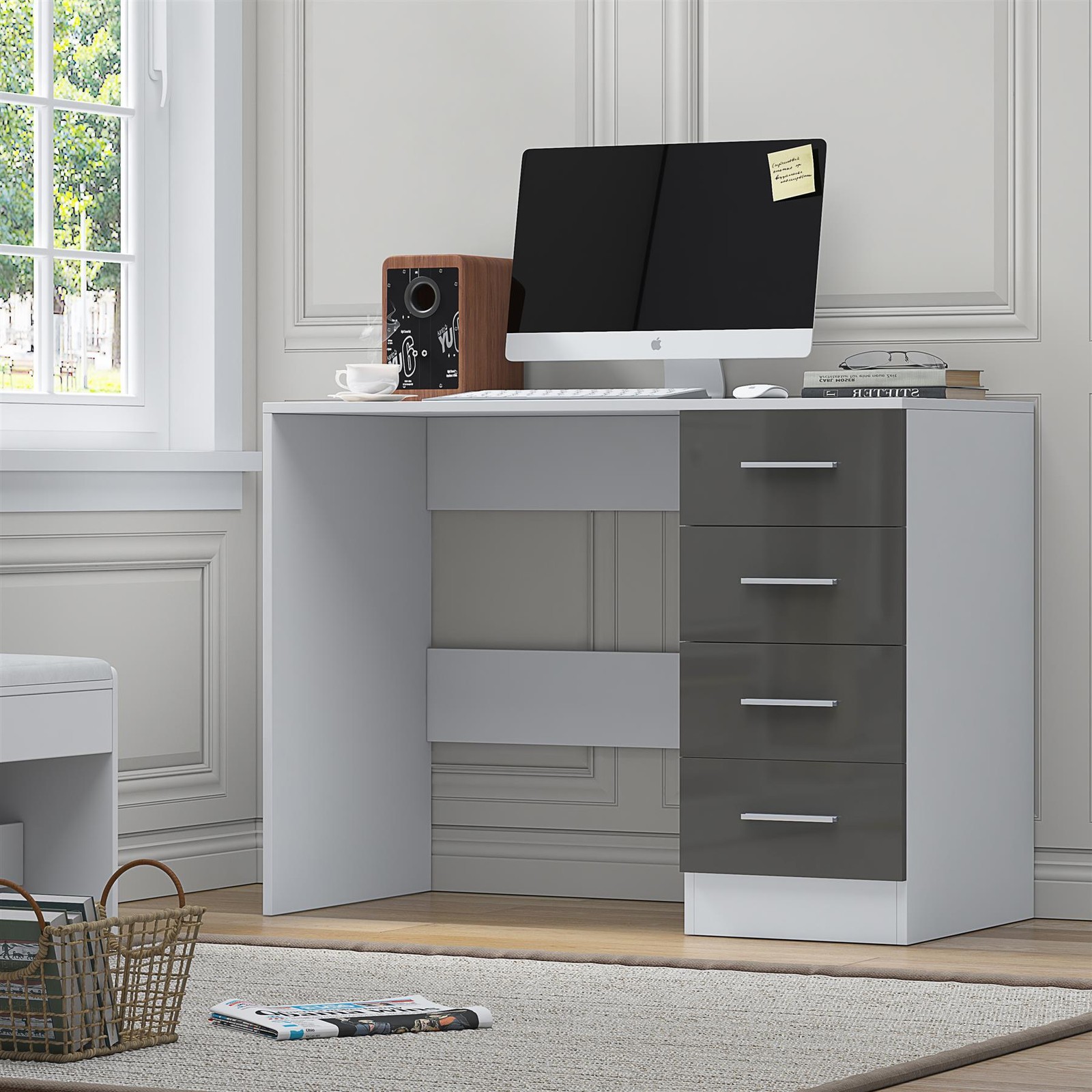 REFLECT Grey Gloss Front Desk 4 Drawer - White Matt Carcass