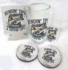 Bending Tips and Ripping lips! Bass fishing gift set. Pint Glass, shot glass ...
