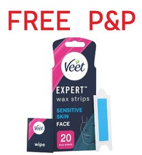Image of Veet Expert Cold Wax Strips FACE Hair Removal Sensitive Skin 20 Strips + 4 Wipes