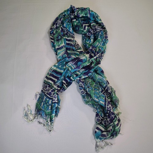 Sheer Woven Shawl Green Blue Purple Silver Fringe Wrap Scarf Flowers Stripes