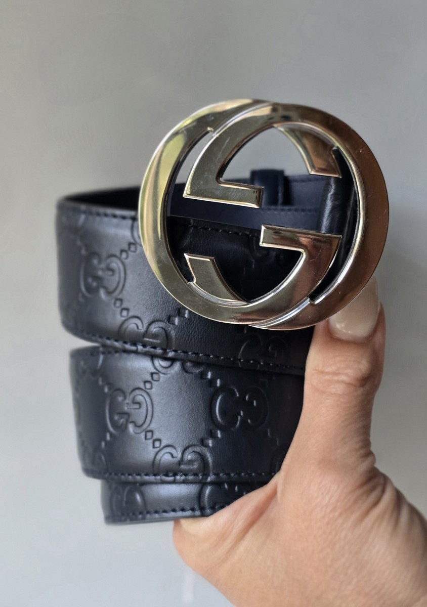 Gucci Men's Belt 75 30 Navy Blue GG Calf Leather Silver Logo