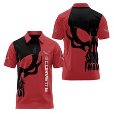 NEW Custom Name Corvette C8 Racing Jake Skull Red Black Polo Shirt Men's S-5XL
