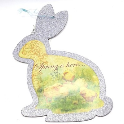 Spring Bunny Wall Decor 12'' Silver Glitter Vintage Chick Easter Sign