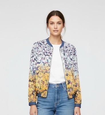 Zara Basic Floral Ombre Bomber Jacket Small Yellow Blue Zip Lightweight Womens