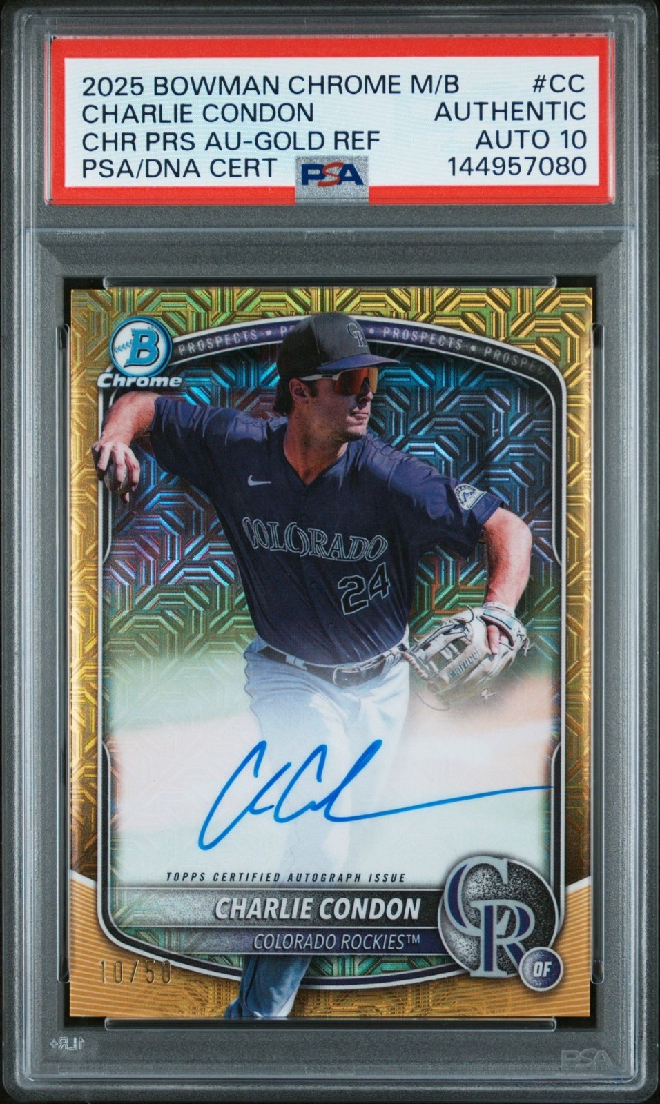 💥2025 Bowman Chrome Charlie Condon RC Rockies GOLD MOJO SSP /50 PSA 10 Auto!💥