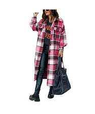 shownicer Damen Kariertes Taschen Knöpfen Langarm Oversize Bluse Mantel Lange J