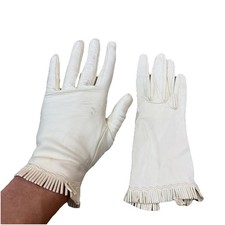 Vintage 60s Italian Size 7 White Soft Leather Gloves Fringe  Embroidery Western
