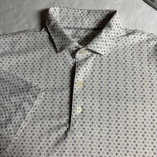 Johnnie-O Mens Medium White Blue Geometric Print Performance Golf Polo Shirt