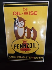 VINTAGE PENNZOIL PORCELAIN SIGN OWL WISE GAS Service STATION OIL Pump